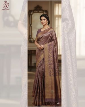 Elegant purple silk saree with Swarovski-style shimmer and zari border. Perfect for weddings, receptions, and festive celebrations. Banarsi Silk Saree with Swarovski-Style Shimmer & Zari Work