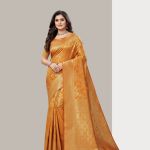 Orange Banarasi silk saree, zari border saree, wedding Banarasi saree, festive silk saree, designer Banarasi saree online