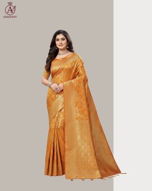 Orange Banarasi Saree Orange Banarasi silk saree, zari border saree, wedding Banarasi saree, festive silk saree, designer Banarasi saree online