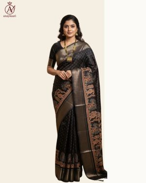 Elegant black silk Elegant black saree with Radha Krishna border and copper zari work. Perfect for weddings, festive occasions, and cultural functions.