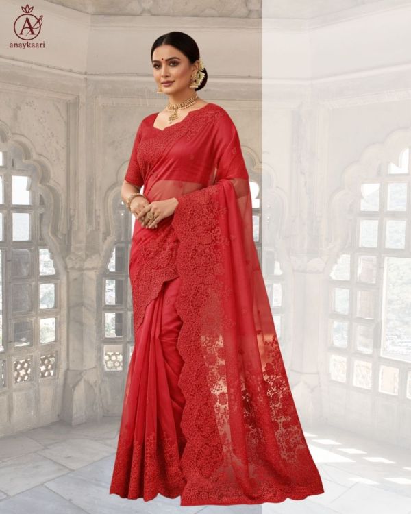 Red Chikankari Organza Sari Organza Saree
